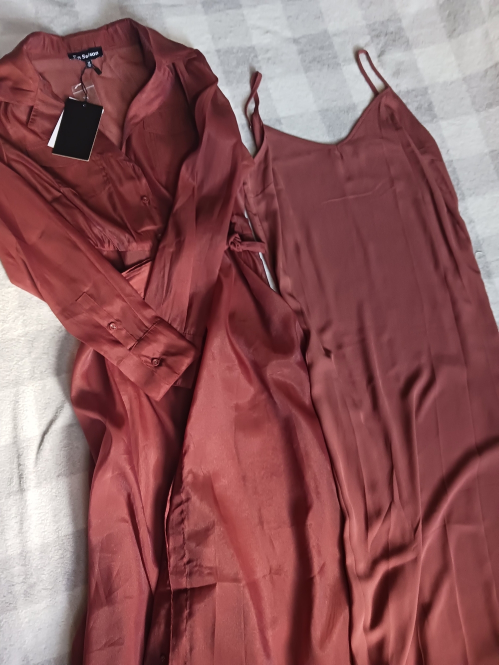 NWT En Saison Brown Long-Sleeve Belted Maxi Shirt Dress With Separate Slip - Picture 2 of 4